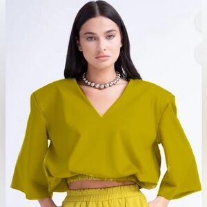 Bluzat NWT Cropped V-Neck Top in Chartreuse Green Size Large